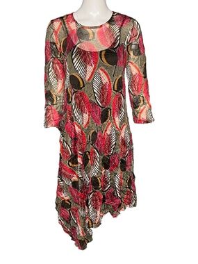 Lisa Bayne Crinkle Mesh Dress Sheer Overlay Leaf Print Asymmetric Hem Small